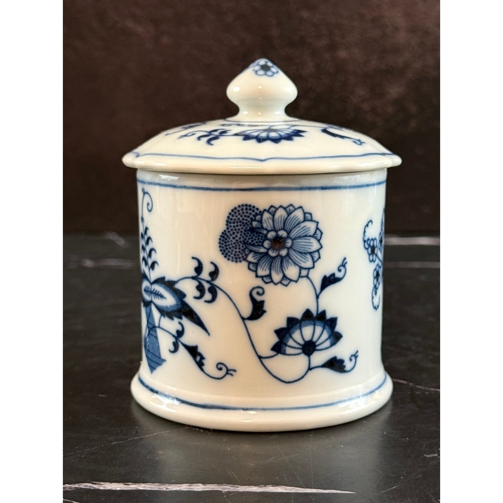 Vintage Blue Danube Blue Onion Lidded Jam Condiment Jar 3.75in Tall Banner Stamp